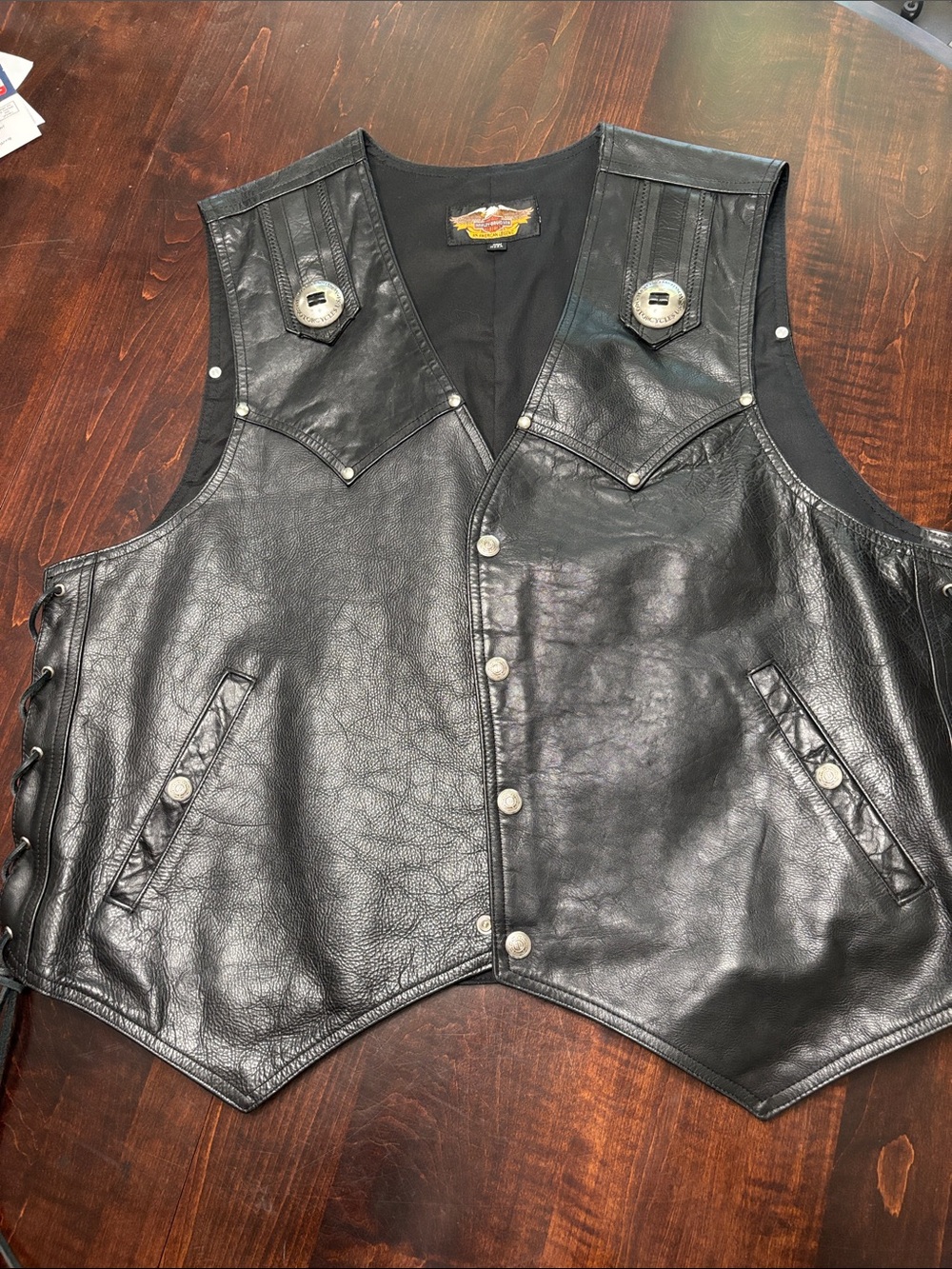 Harley-Davidson Black Leather Motorcycle Vest with Snap Front.
